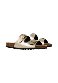 Metallic gold slide sandals with two buckle straps, cork footbed, and black rubber outsole. Open-toe design and soft texture.