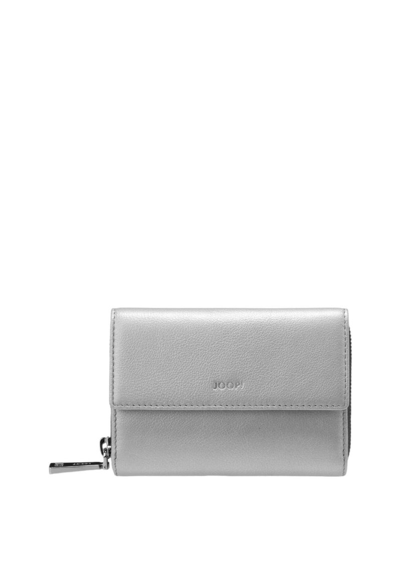 Šedá kožená peněženka s texturovaným povrchem, s klopovým uzávěrem, stříbrným zipovým zdobením a prodebným logem "JOOP!" na přední straně.