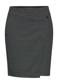 Gonna a matita bianco e nero con motivo a zigzag, con vita aderente, caratterizzata da un dettaglio con bottone laterale e uno stile avvolgente. Adatta a diverse occasioni.