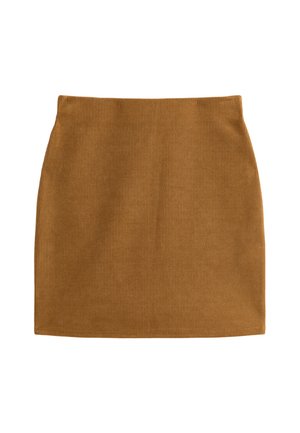 Brown corduroy skirt with a fitted design, featuring vertical ribbed texture and a straight cut, ending above the knee.