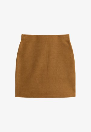 Bruine corduroy rok met een aansluitend ontwerp, voorzien van verticale ribbelstructuur en een rechte snit, eindigend boven de knie.