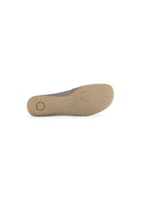 Bruine platte schoen met een flexibele rubberen zool met een zonnestraalpatroon en subtiele branding. Glad bovenwerk met elastische delen.