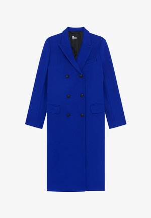 Doppelreiher Mantel aus blauer Wolle mit Schalkragen, zwei vorderen Taschen und schwarzen Knöpfen. Glatte Textur mit taillierter Passform.