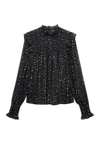 Sort bluse med høj hals, flæsedetaljer og lange ærmer med smockmanchetter. Stoffet har et let, tekstureret mønster i hvidt.