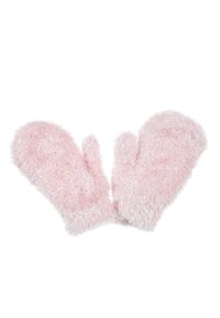 Pink fuzzy mittens with a plush texture, featuring rounded tips and a thick, soft cuff, designed for warmth and comfort.