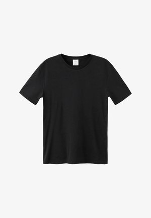 Črna majica s kratkimi rokavi iz mehke tkanine, z okroglim izrezom in ravnim robom, minimalističnega dizajna brez vzorcev.