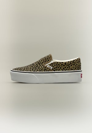 Slip-on sneaker with brown and black leopard print upper, white rubber sole, and Vans logo tag on the side.