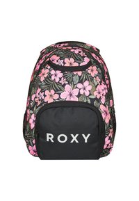 Floral backpack with pink hibiscus and green leaves on a black background. Features a front pocket with a white "ROXY" logo.
