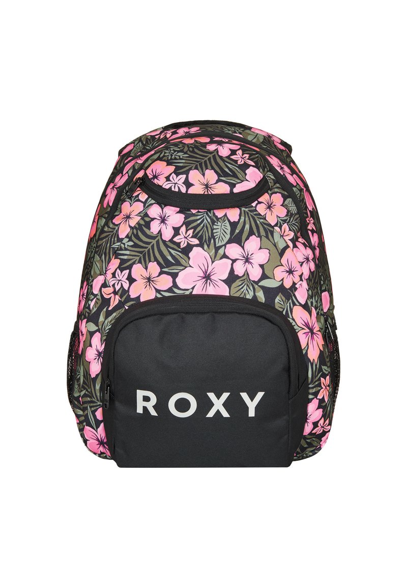 Floral backpack with pink hibiscus and green leaves on a black background. Features a front pocket with a white "ROXY" logo.