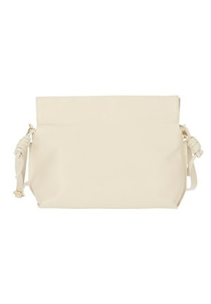 Beżowa prostokątna skórzana torba na ramię z supełkowanym regulowanym paskiem i klapką na zatrzask.