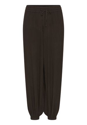 Pantalon noir ample avec taille élastique et cordon de serrage, jambes fuselées avec poignets élastiques.