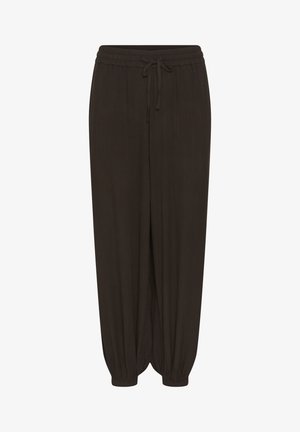 Pantaloni negri lejeri cu talie elastică și șnur, picioare conice cu manșete elastice.