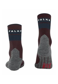Braun- und graue Socken mit gerippter Textur, ausgestattet mit einem marineblauen Streifen und dem "FALKE"-Logo, verstärkter Ferse und rotem Akzent an der Sohle.