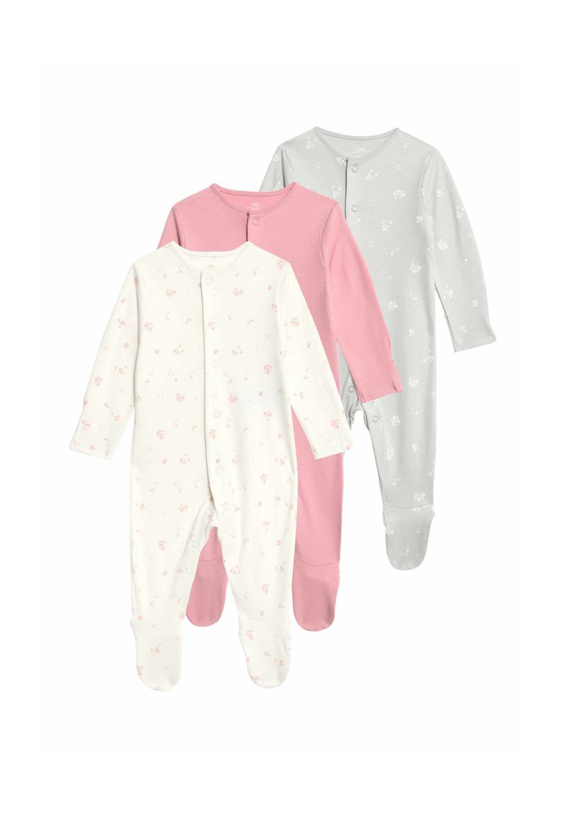 Tre babydragter: en hvid med pink blomsterprint, en ensfarvet pink, og en grå med diskret blomsterdesign. Blødt stof, lange ærmer, trykknaplukninger.