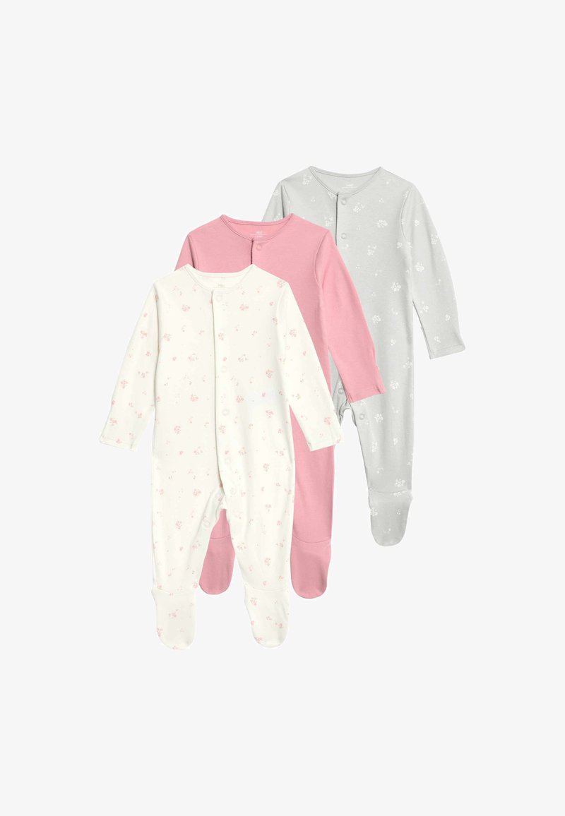 Tre babydragter: en hvid med pink blomsterprint, en ensfarvet pink, og en grå med diskret blomsterdesign. Blødt stof, lange ærmer, trykknaplukninger.