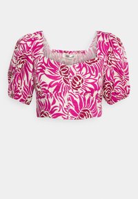 Kukkaprintillä varustettu crop-toppa, jossa on vaaleanpunaisia ja valkoisia kuvioita, puffihihat, neliönmuotoinen kaitale ja nappisuljenta edessä. Puuvillasekoitemateriaali.