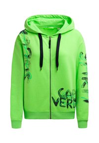 Grüner Kapuzenpullover mit Reißverschluss aus Baumwolle, mit Kapuze, marineblauen Kordeln und schwarzen Textgrafiken auf der Vorderseite. Gerippte Bündchen und Saum.