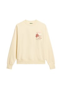 Felpa crema in un morbido tessuto testurizzato. Presenta dettagli ricamati in rosso e rosa di una pagoda, pesci koi e fiori di ciliegio.