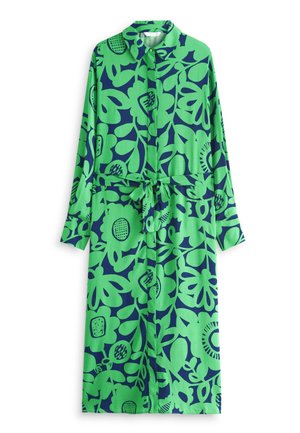 Robe chemise à manches longues avec col et ceinture à la taille, présentant de grands motifs floraux verts sur un fond bleu foncé.