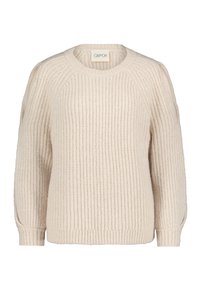 Maglione lavorato a maglia di un beige chiaro con texture a costine, scollatura rotonda e maniche lunghe con dettagli a spalla a taglio.