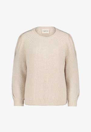 Vaaleanbeige neulepaita, jossa on ribbi-tekstuuri, pyöreä pääntie ja pitkät hihat, joissa on leikattu olkatieto.