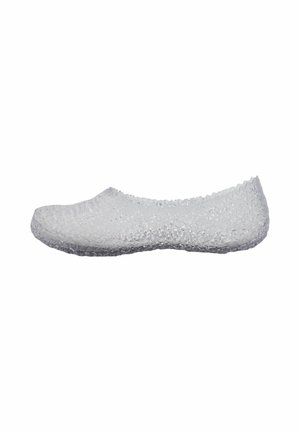 Transparent flexible shoe with a textured, lattice-like pattern covering its entire surface.