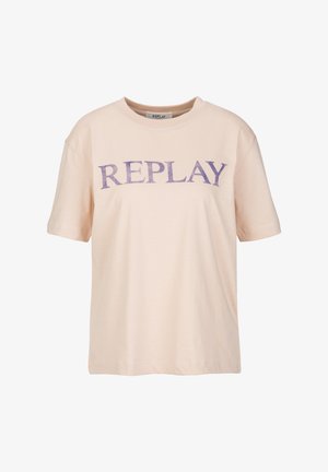 Light pink cotton t-shirt with short sleeves and crew neck. Features "REPLAY" printed in purple across the front.