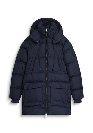 Navy puffer jacket with a detachable hood, two large front pockets, front zipper closure, and elastic cuffs. Textured quilted design.