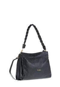 Borsa a mano in pelle nera con manico intrecciato e tracolla sottile staccabile, accessori in oro e piccolo logo dorato sul davanti.