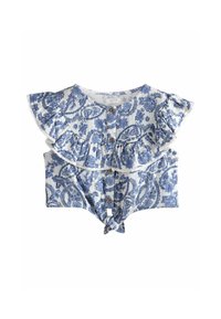 Fehér crop top kék virágmintával, fodros ujjakkal és gombos elejével. A hemnél csomózott részlet található. Pamutkeverék anyag.