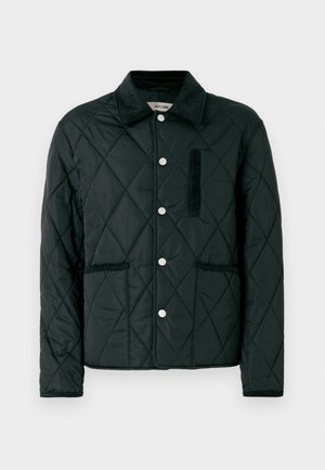 Zwarte gewatteerde jas met een corduroy kraag, voorzijde met drukknoopsluiting, twee zijzakken en een borstzak met een gestructureerde stof.