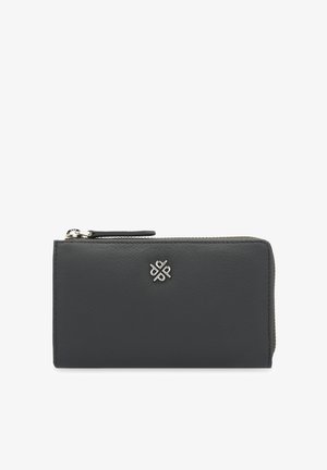 Gray leather wallet with a zip closure, featuring a silver logo accent. Smooth texture and rectangular shape, designed for convenience.