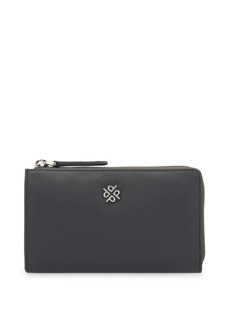 Gray leather wallet with a zip closure, featuring a silver logo accent. Smooth texture and rectangular shape, designed for convenience.