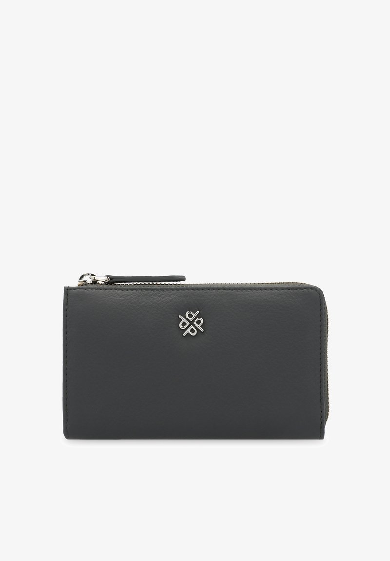 Gray leather wallet with a zip closure, featuring a silver logo accent. Smooth texture and rectangular shape, designed for convenience.