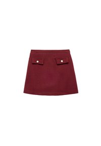 Minifalda burdeos con dos bolsillos delanteros, cada uno adornado con un botón decorativo. Confeccionada en una tela texturizada, presenta un diseño ajustado.