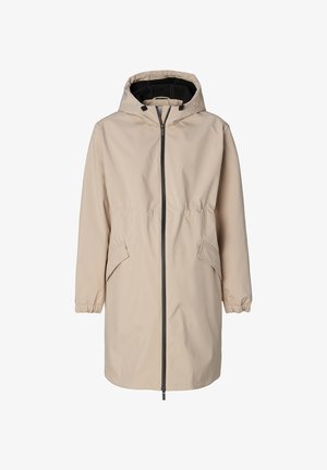 Veste imperméable beige avec capuche, poignets élastiques, taille avec cordon de serrage et deux poches latérales, dotée d'une fermeture éclair à l'avant et d'accents noirs.