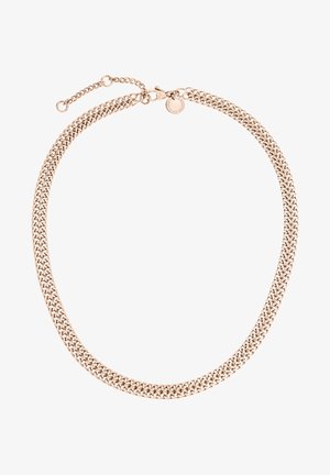 Collier en métal rose gold avec des maillons entrelacés, doté d'un fermoir mousqueton et d'une chaîne ajustable, portant un petit pendentif.
