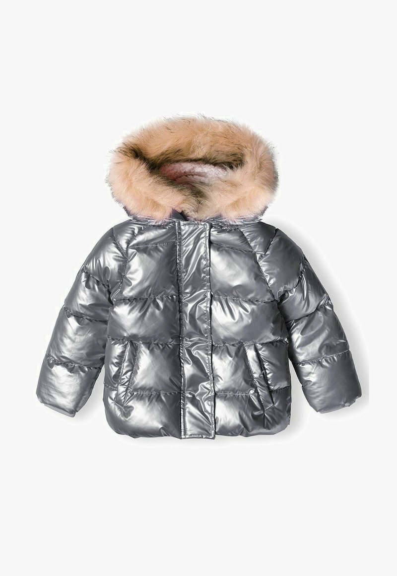 Hõbedane puhvjakott, millel on kaks esist pockets ja kapuuts, mis on vooderdatud heledast pruunist tehishallest, sobib külma ilmaga.