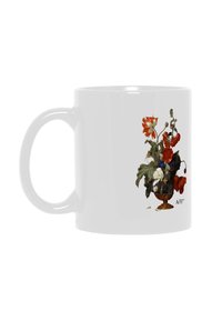 Tazza in ceramica bianca con un bouquet floreale in vivaci tonalità di rosso, blu e verde, esposto in un vaso decorativo con base dorata.