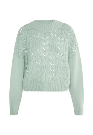 Pull en maille vert clair avec motifs torsadés et en dentelle, col haut côtelé, poignets et ourlet, vu de face.
