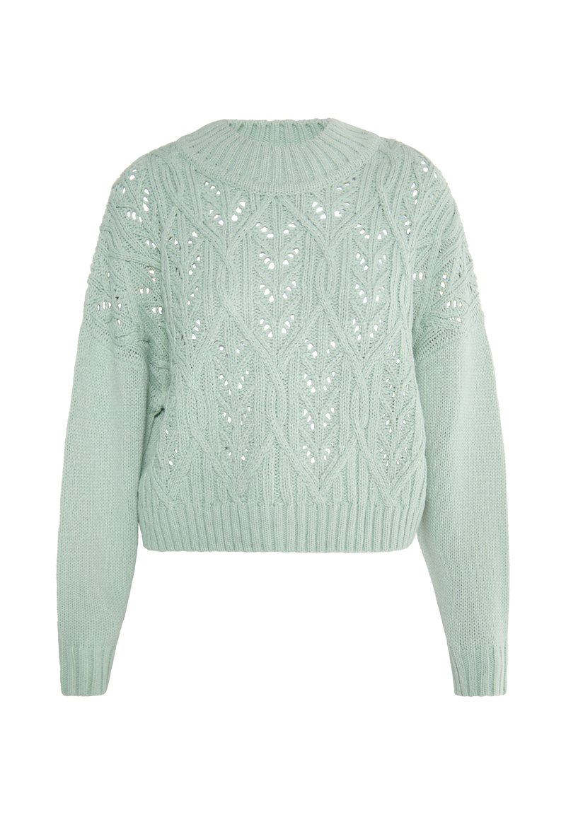 Pull en maille vert clair avec motifs torsadés et en dentelle, col haut côtelé, poignets et ourlet, vu de face.