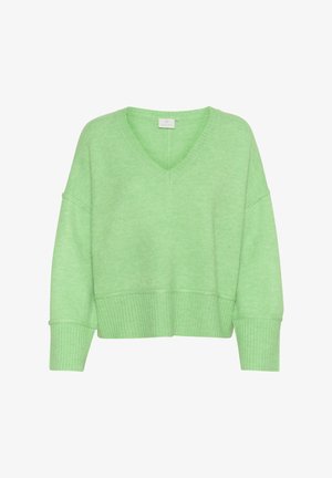 Ljusgrön v-ringad tröja med breda ärmar och ribbat avslut, tillverkad av ett mjukt, texturerat material. Enkel design utan mönster.