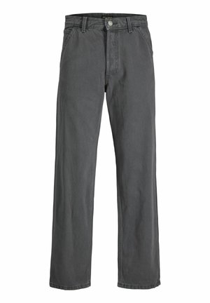 Donkergrijze wijde jeans gemaakt van denim. Bevat een sluiting met drukknop en rits aan de voorkant, riemlussen en een klassieke vijf-pocket ontwerp.