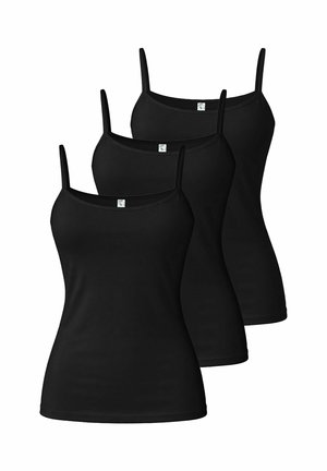 Three black sleeveless fitted camisoles with thin straps arranged in a staggered row on a white background.