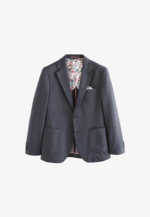 Grau blazer aus strukturiertem Stoff, mit einem floral gemusterten Futter, zwei Fronttaschen und einer Brusttasche mit einem gefalteten Taschentuch.