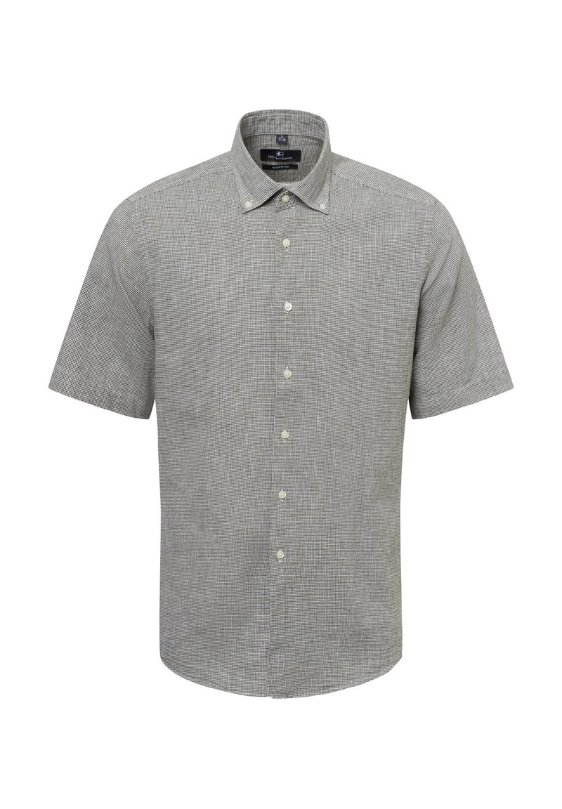 Kurzarmhemd mit Knopfleiste im grau-weißen Gingham-Muster, mit spitzem Kragen und geradem Saum. Leichter Stoff und glatte Textur.