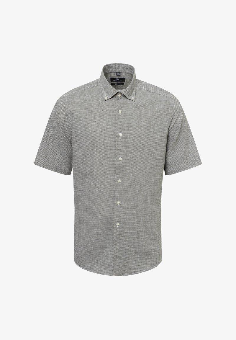 Short-sleeve, button-up shirt in grey and white gingham pattern, featuring a pointed collar and a straight hem. Lightweight fabric and smooth texture.