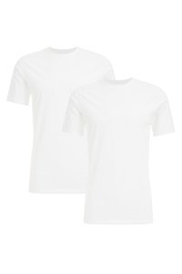 Dos camisetas de algodón blancas con mangas cortas y cuellos redondos, que presentan una textura suave y un diseño simple, apiladas en una disposición vertical.