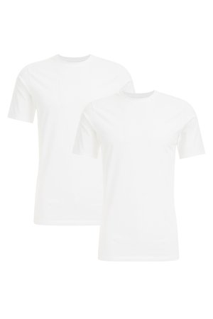 Zwei weiße Baumwoll-T-Shirts mit kurzen Ärmeln und Rundhalsausschnitten, die eine glatte Textur und ein einfaches Design aufweisen, übereinander gestapelt in einer vertikalen Anordnung.