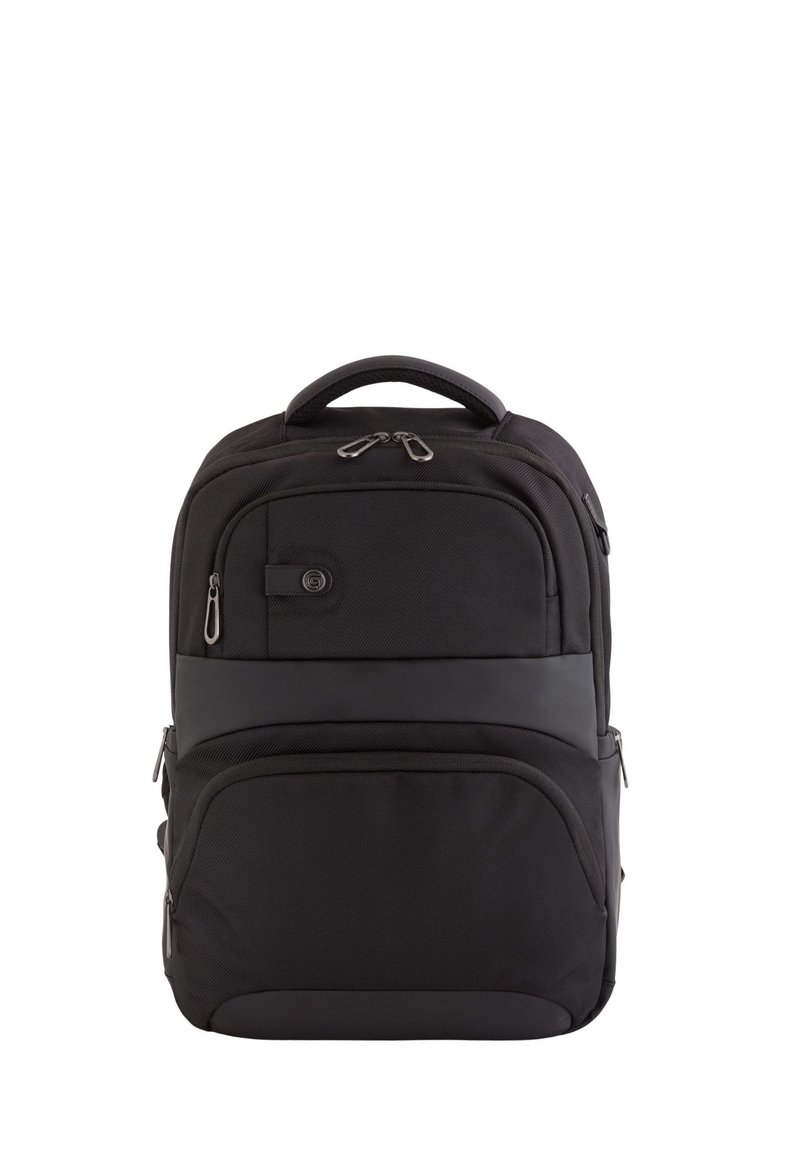 Mochila negra hecha de un tejido duradero. Cuenta con múltiples bolsillos con cremallera, un asa en la parte superior y una banda de acento de cuero suave.